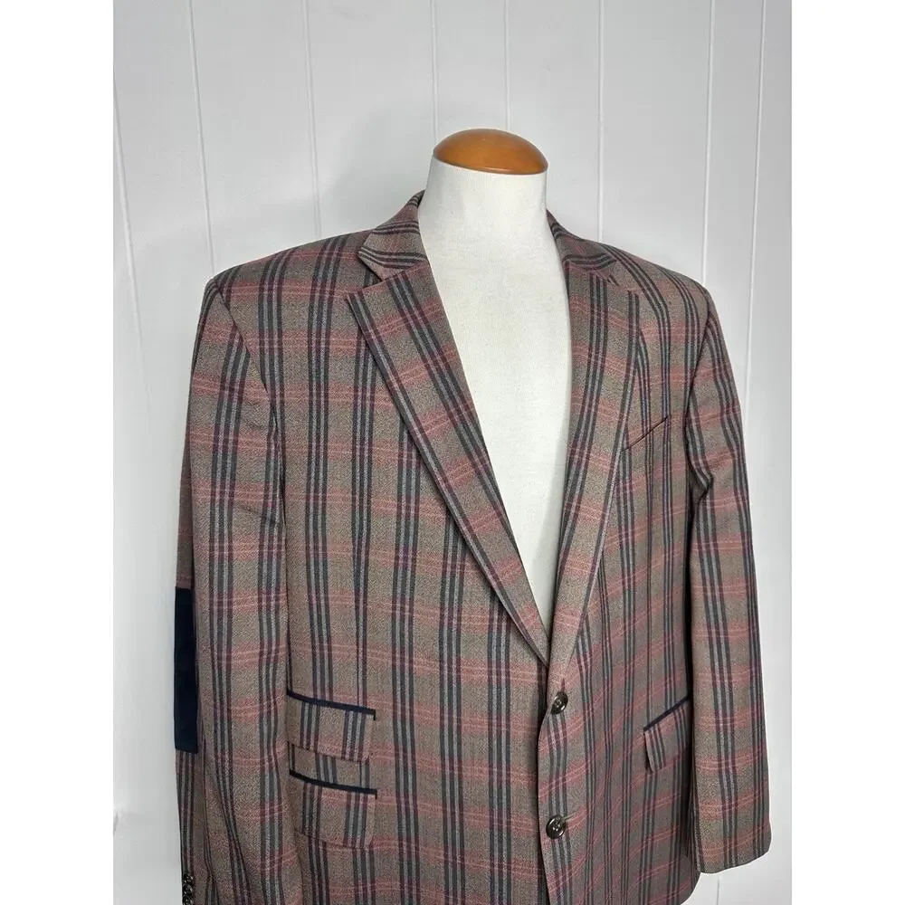 Paul Fredrick Multicolor Plaid Sport Coat Blazer - 48R - Olive Brown Elbow Patch